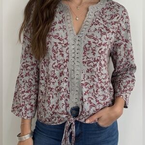 NWOT Hope & Harlow Boho Crochet Lace V-Neck Tie Front Blouse Sz Large